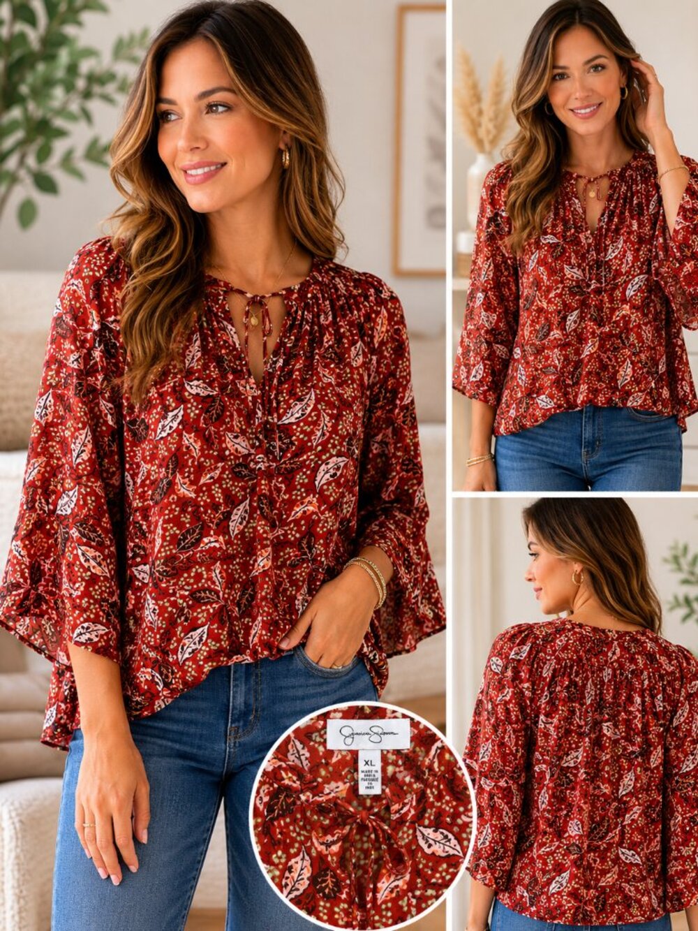 Jessica Simpson XL Red/ Rust Floral Paisley Boho Blouse Bell Sleeve Viscoze